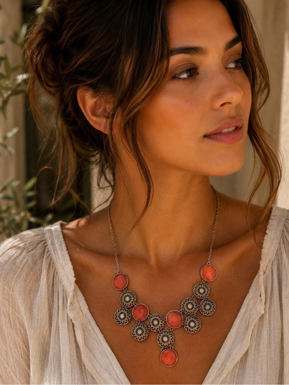 Sunset Mosaic Necklace | Boho Filigree Bib Necklace | Orange & Bronze Pendant